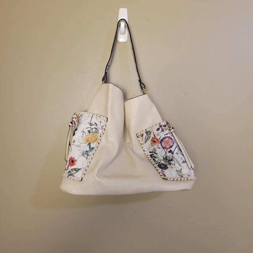 Cream Floral Hobo Bag and Crossbody Set Gold Hardware Botanical Print 2pc